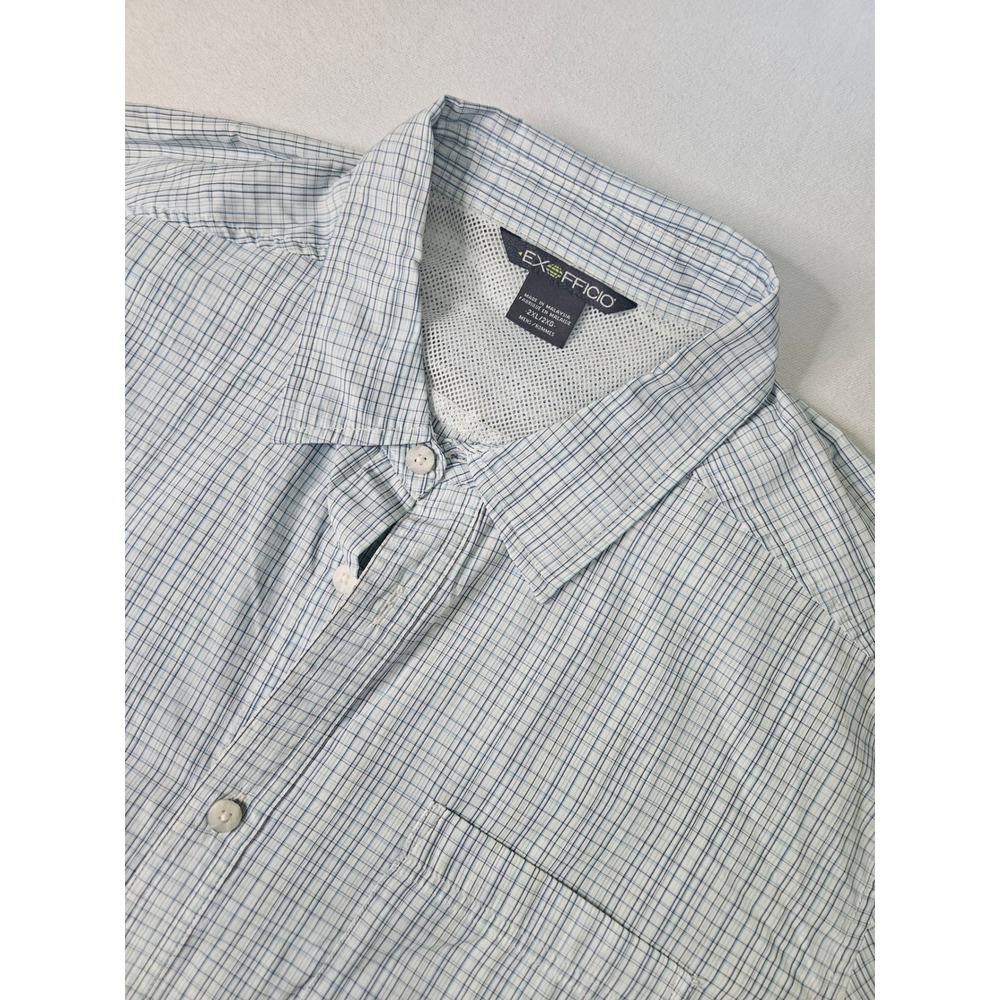 ExOfficio Shirt Mens 2XL Blue White Plaid Short Sleeve Mesh Back Hiking Travel